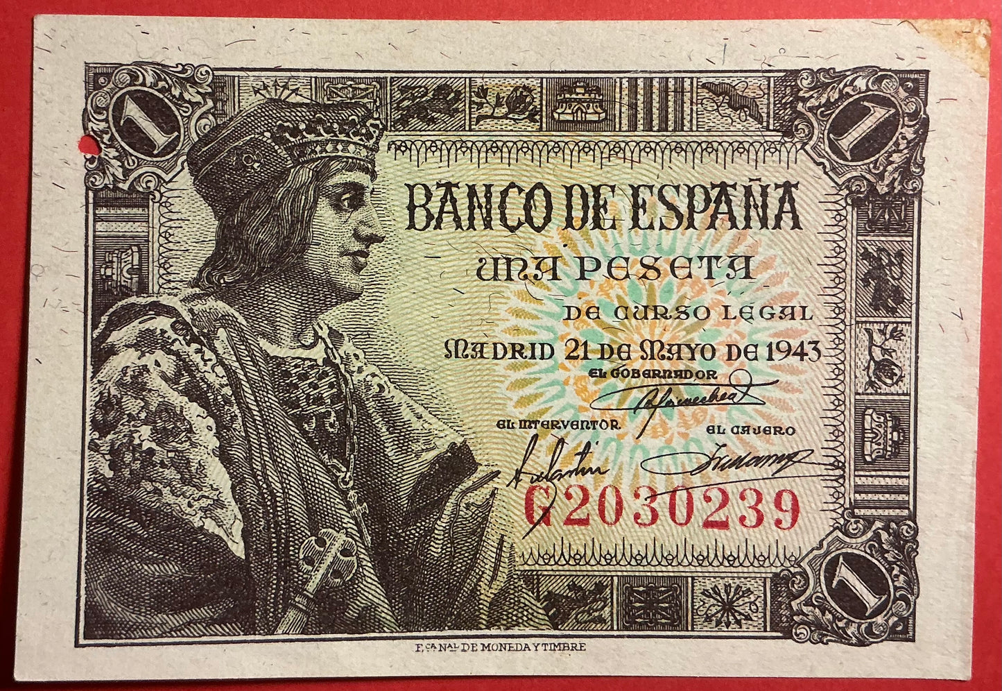 Spain - 1 Peseta 21.5.1943 P#126a Kvalitet 1+ *Pinhole*