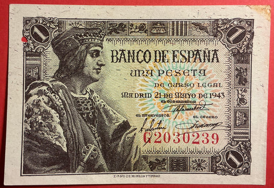 Spain - 1 Peseta 21.5.1943 P#126a Kvalitet 1+ *Pinhole*