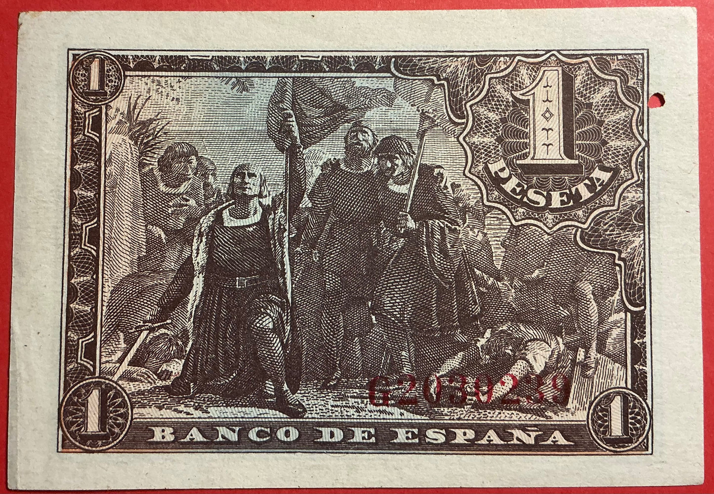 Spain - 1 Peseta 21.5.1943 P#126a Kvalitet 1+ *Pinhole*
