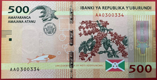 Burundi - 500 Francs 15.1.2015 P#50 Kvalitet 0