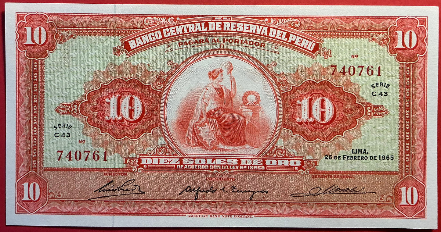 Peru - 10 Soles de Oro 26.2.1965 P#88 Kvalitet 0