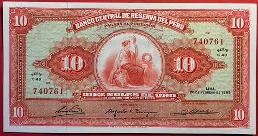 Peru - 10 Soles de Oro 26.2.1965 P#88 Kvalitet 0