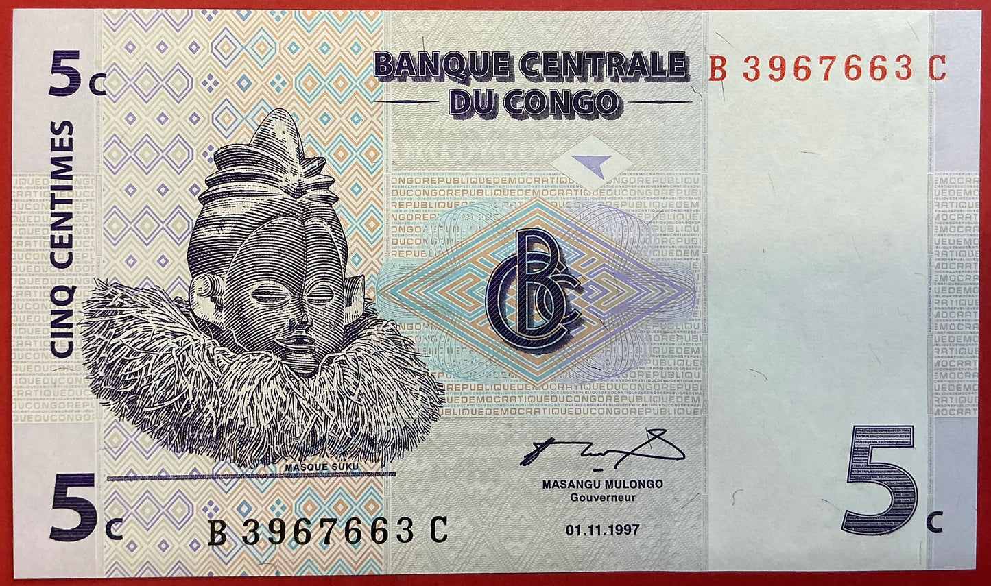 Congo Democratic Republic - 5 Centimes 1.11.1997 P#81a Kvalitet 0