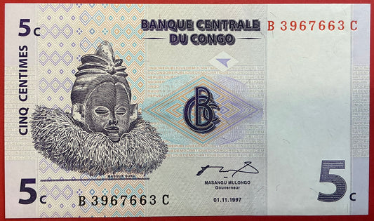 Congo Democratic Republic - 5 Centimes 1.11.1997 P#81a Kvalitet 0