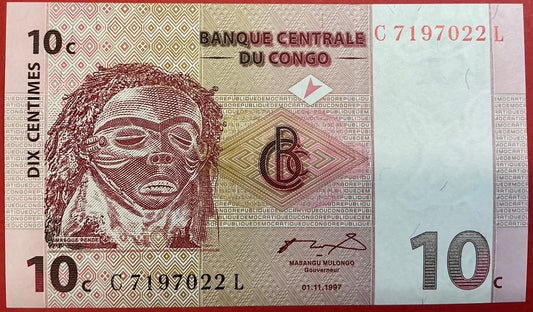 Congo Democratic Republic - 10 Centimes 1.11.1997 P#82a Kvalitet 0