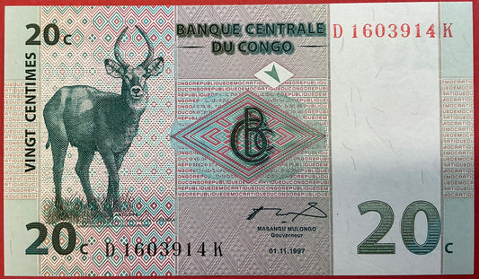 Congo Democratic Republic - 20 Centimes 1.11.1997 P#83a Kvalitet 0