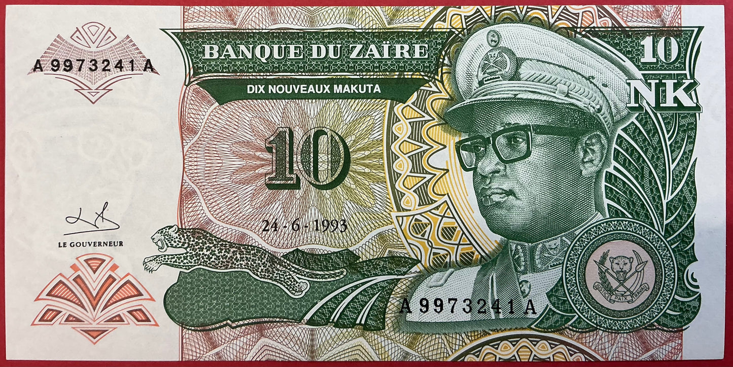 Zaïre - 10 Nouveaux Makuta 24.6.1993 P#49 Kvalitet 0