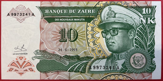 Zaïre - 10 Nouveaux Makuta 24.6.1993 P#49 Kvalitet 0