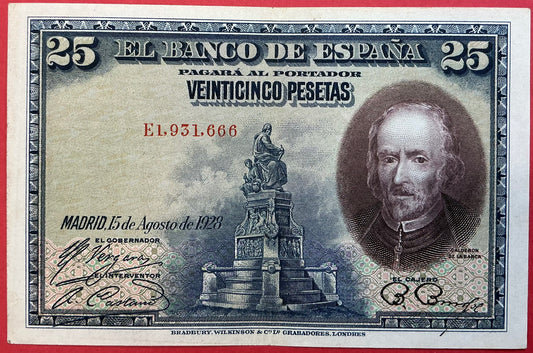 Spain - 25 Pesetas 15.8.1928 P#74b Kvalitet 1+