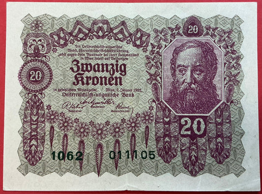 Austria - 20 Kronen 2.1.1922 P#76 Kvalitet 1+