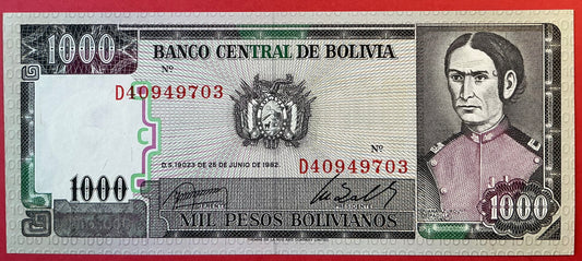 Bolivia - 1000 Pesos Bolivianos 25.6.1982 P#167a Kvalitet 0
