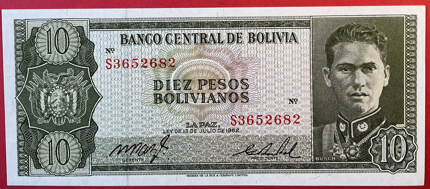 Bolivia - 10 Pesos Bolivianos 13.7.1962 P#154a Kvalitet 0