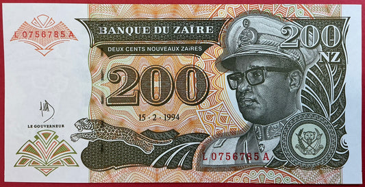Zaïre - 200 Nouveaux Zaïres 15.2.1994 P#62a Kvalitet 0