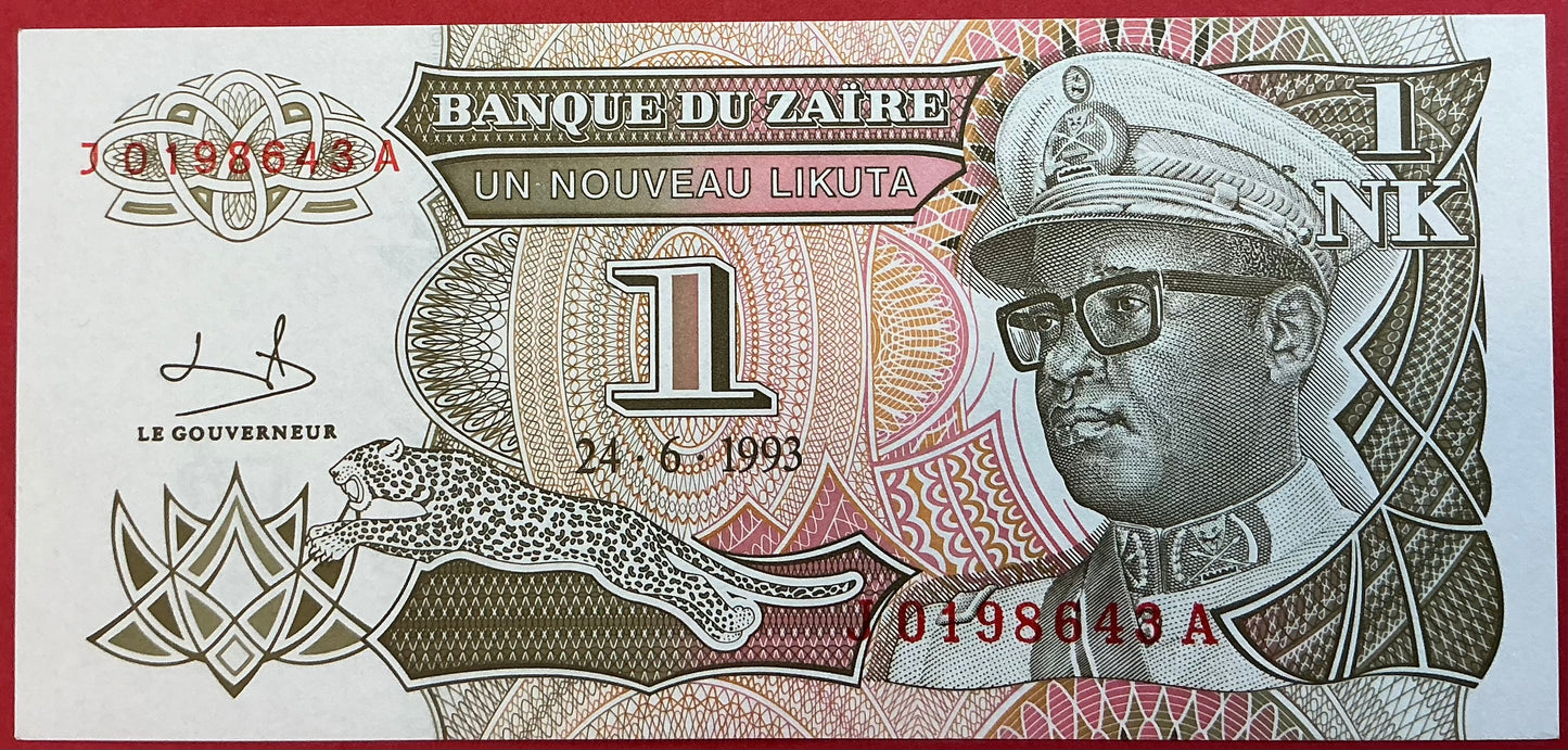 Zaïre - 1 Nouveau Likuta 24.6.1993 P#47a Kvalitet 0