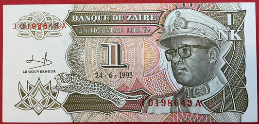 Zaïre - 1 Nouveau Likuta 24.6.1993 P#47a Kvalitet 0