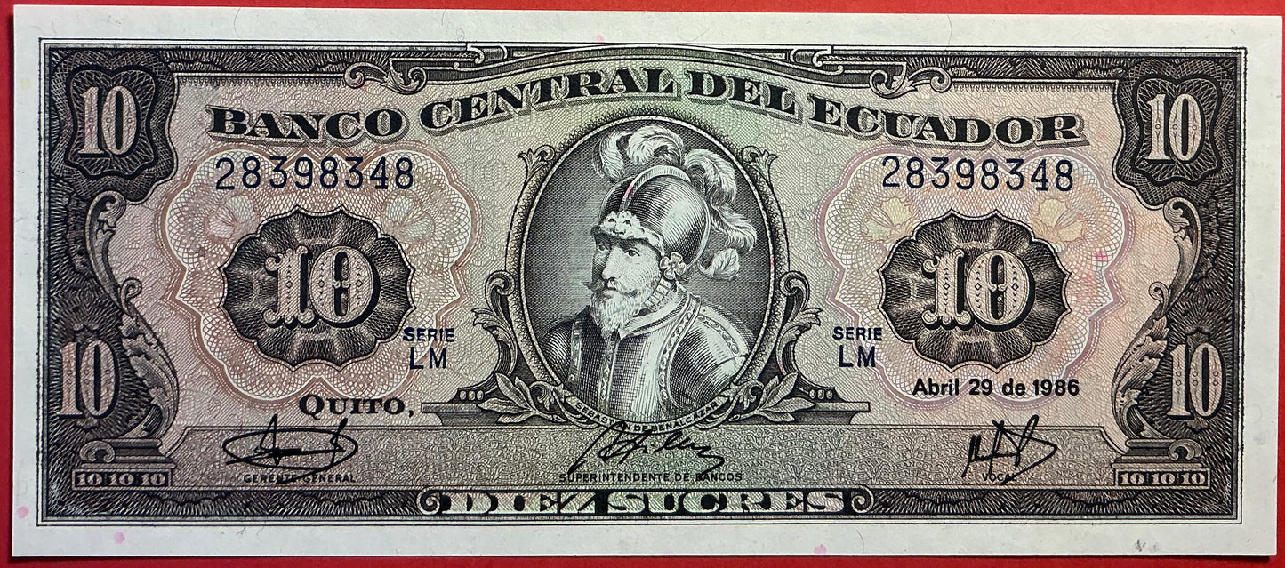 Ecuador - 10 Sucres 29.4.1986 P#121 Kvalitet 0