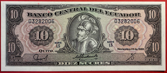 Ecuador - 10 Sucres 22.11.1988 P#121 Kvalitet 0
