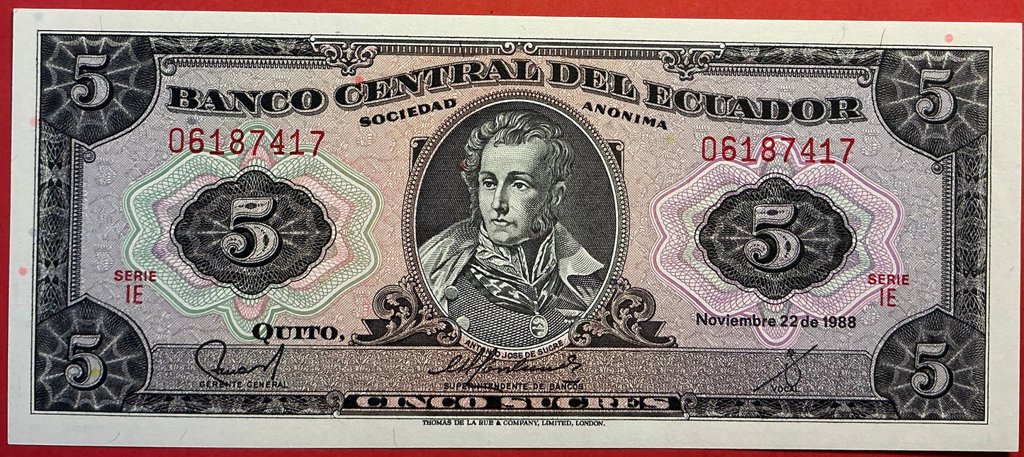 Ecuador - 5 Sucres 22.11.1988 P#113d Kvalitet 0