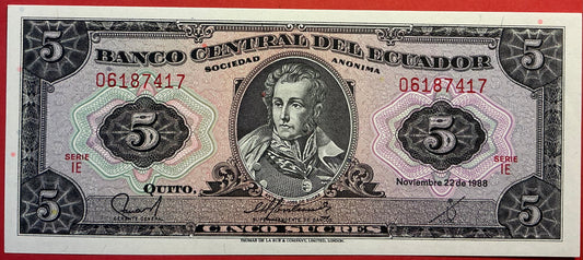 Ecuador - 5 Sucres 22.11.1988 P#113d Kvalitet 0