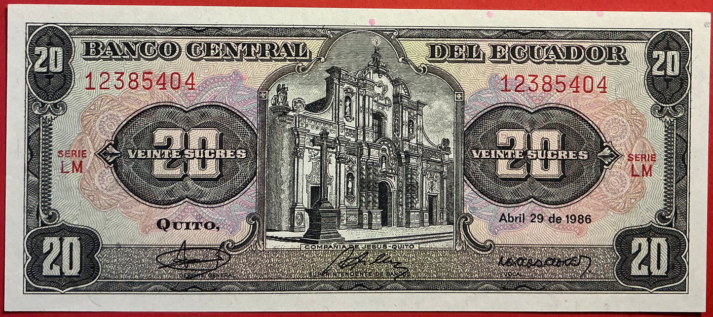 Ecuador - 20 Sucres 29.4.1986 P#121Aa Kvalitet 0
