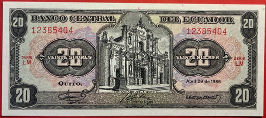 Ecuador - 20 Sucres 29.4.1986 P#121Aa Kvalitet 0