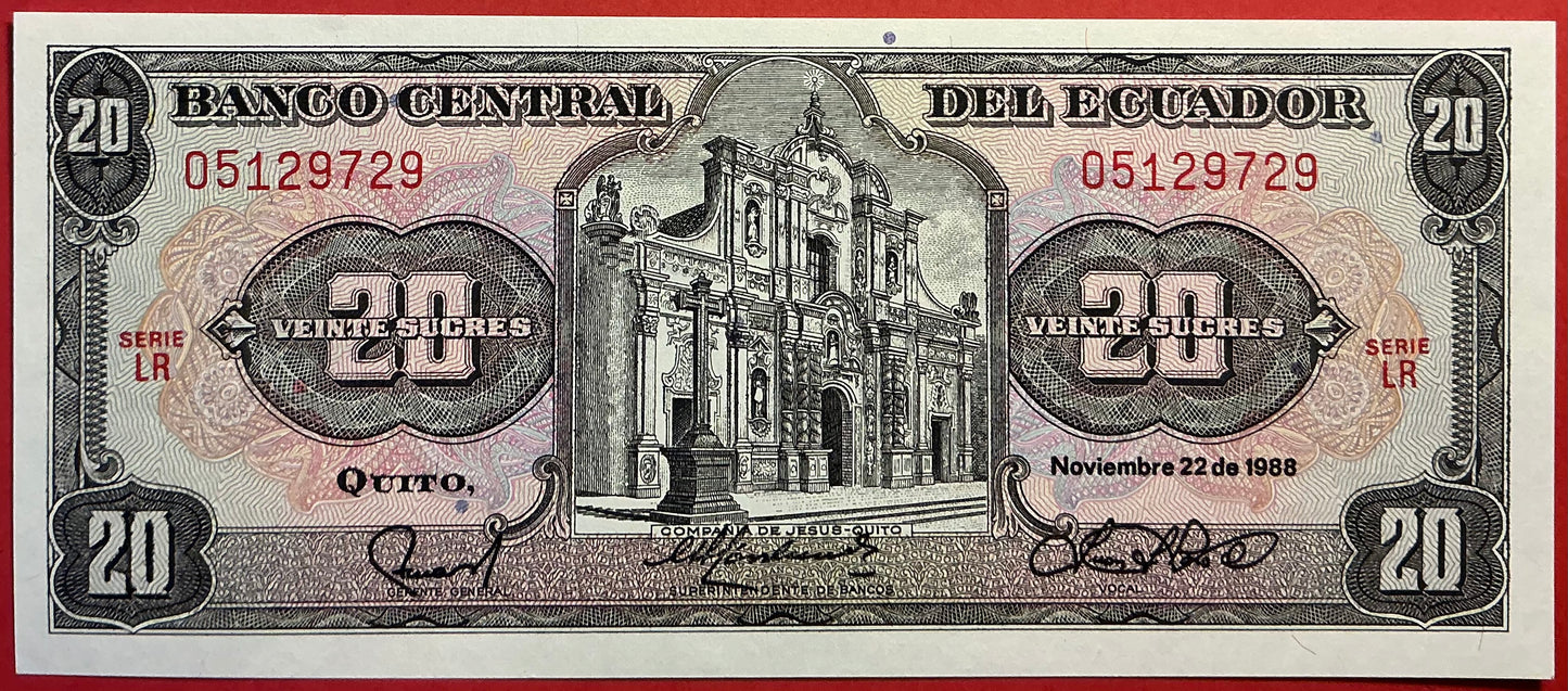 Ecuador - 20 Sucres 22.11.1988 P#121Aa Kvalitet 0