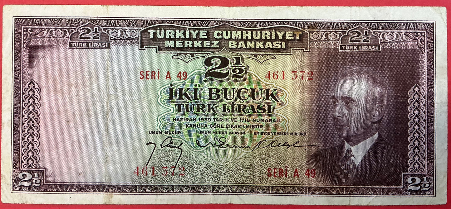 Turkey - 2 1/2 Lira 27.3.1947 P#140 Kvalitet 1