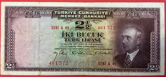 Turkey - 2 1/2 Lira 27.3.1947 P#140 Kvalitet 1