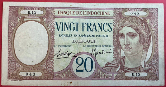 French Somaliland - 20 Francs (1928-1938) P#7a Kvalitet 1/1+