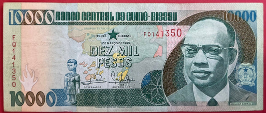Guinea-Bissau - 10.000 Pesos 1.3.1993 P#15b Kvalitet 1/1+