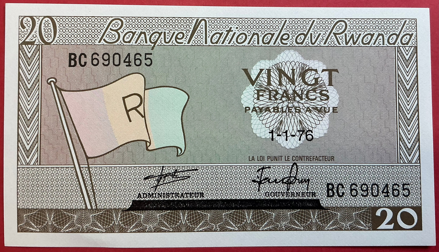 Rwanda - 20 Francs 1.1.1976 P#6e Kvalitet 0