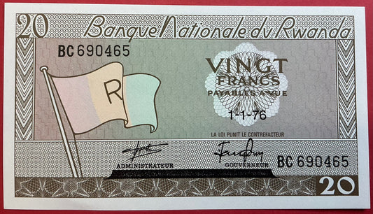 Rwanda - 20 Francs 1.1.1976 P#6e Kvalitet 0
