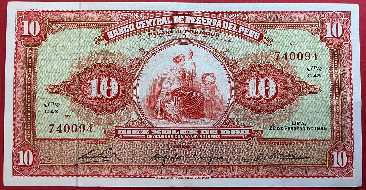Peru - 10 Soles de Oro 26.2.1965 P#88 Kvalitet 0