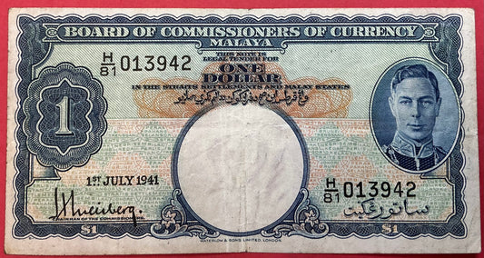 Malaya - 1 Dollar 1.7.1941 P#11 Kvalitet 1/1+