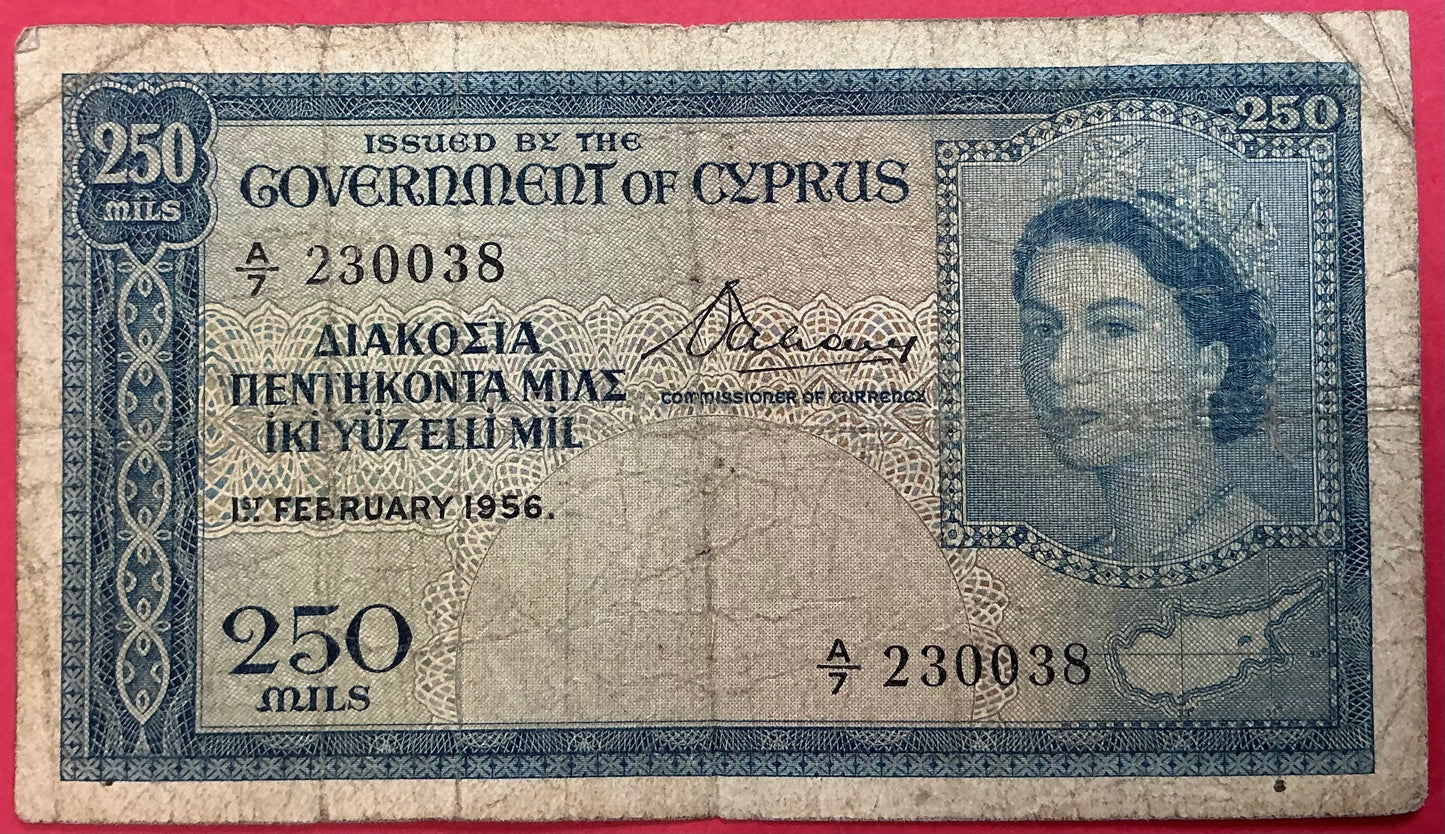 Cyprus - 250 Mils 1.2.1956 P#33a Kvalitet 1-