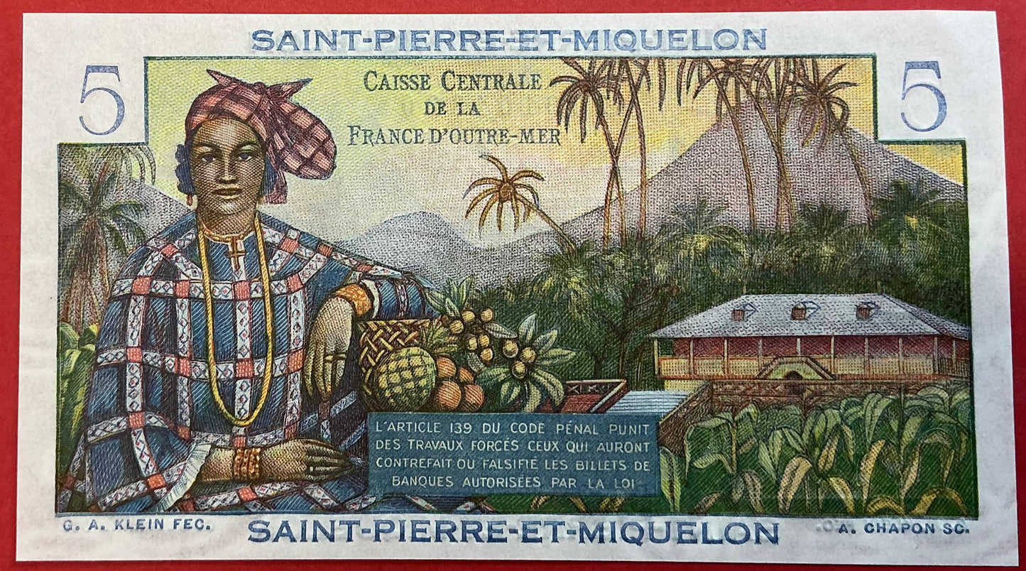 Saint Pierre & Miquelon - 5 Francs (1950-1960) P#22 Kvalitet 0