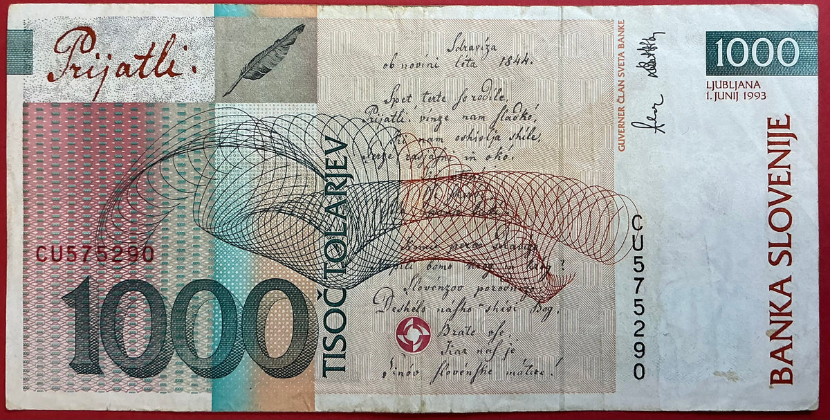 Slovenia - 1000 Tolarjev 1.6.1993 P#18 Kvalitet 1/1+
