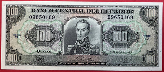 Ecuador - 100 Sucres 8.6.1988 P#123Aa Kvalitet 0
