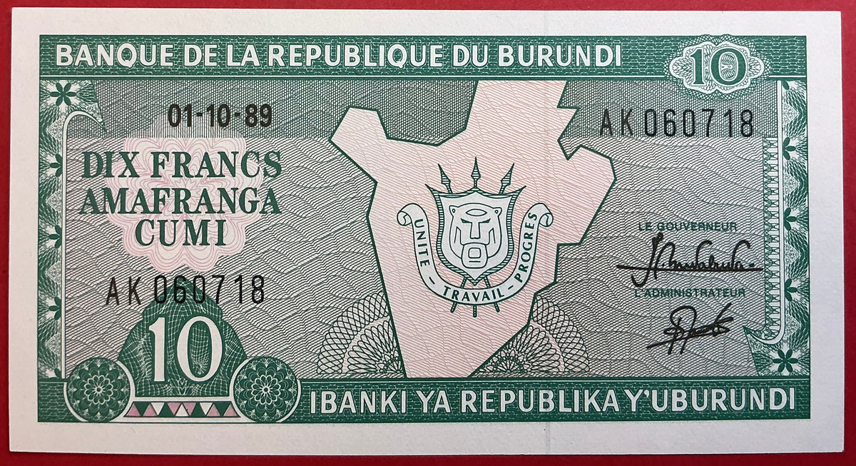 Burundi - 10 Francs 1.10.1989 P#33b Kvalitet 0