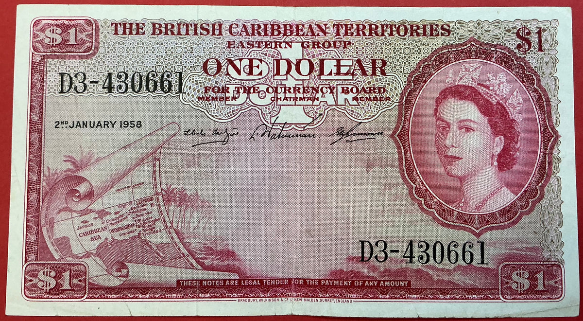 British Caribbean Territories - 1 Dollar 2.1.1958 P#7c Kvalitet 1+