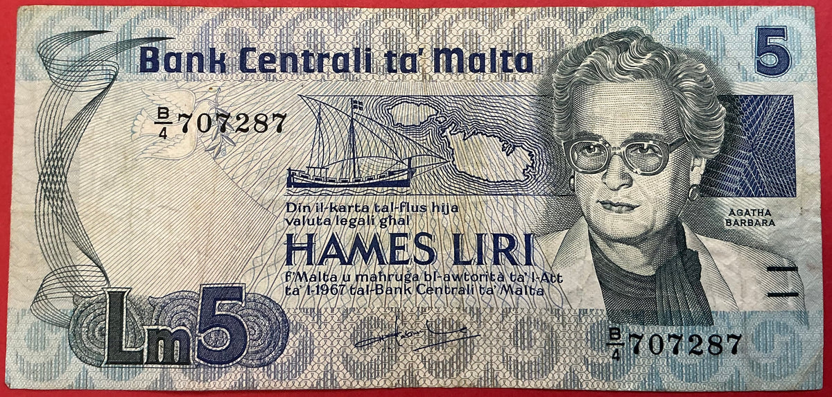 Malta - 5 Liri (1986) P#38a Kvalitet 1/1+
