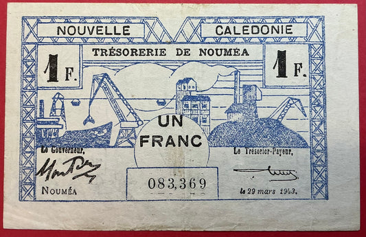 New Caledonia - 1 Franc 29.3.1943 P#55b Kvalitet 1+
