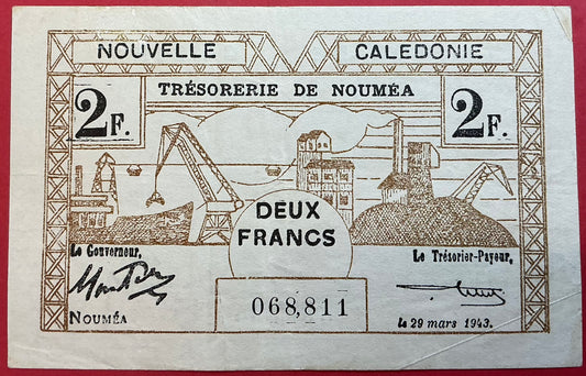 New Caledonia - 2 Francs 29.3.1943 P#56a Kvalitet 1+