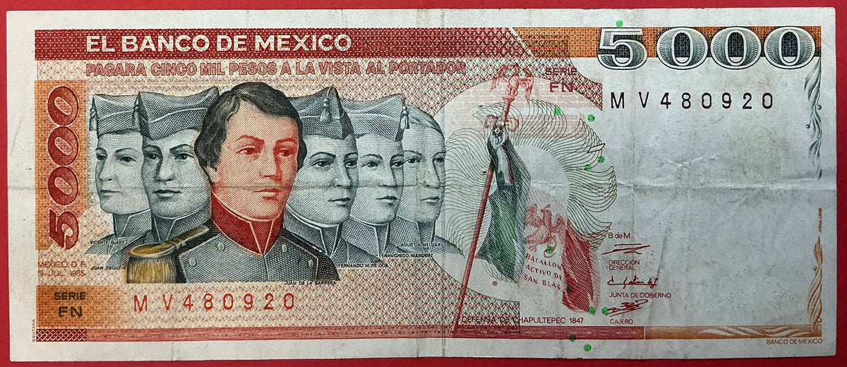 Mexico - 5000 Pesos 19.7.1985 P#87 Kvalitet 1/1+