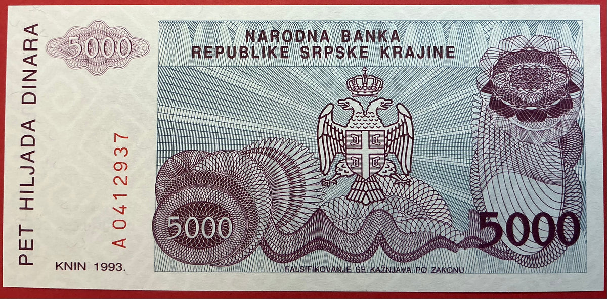 Croatia/Serbian Krajina - 5000 Dinara 1993 P#R20a Kvalitet 0