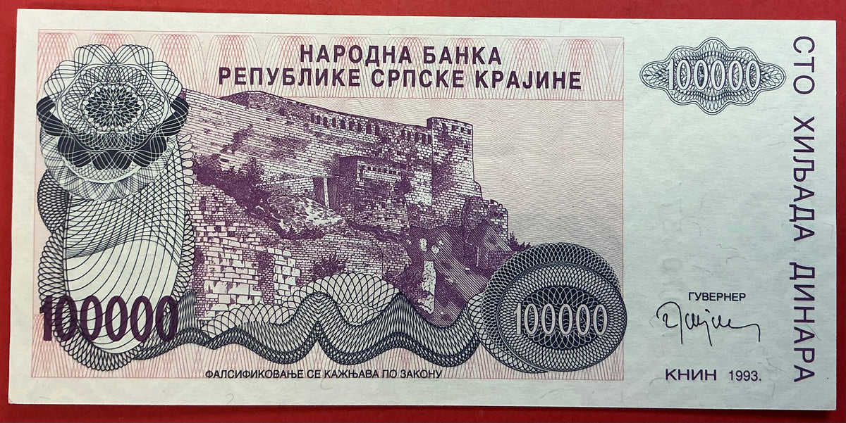 Croatia/Serbian Krajina - 100.000 Dinara 1993 P#R22a Kvalitet 0