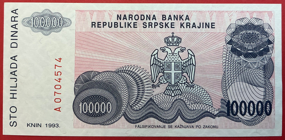 Croatia/Serbian Krajina - 100.000 Dinara 1993 P#R22a Kvalitet 0