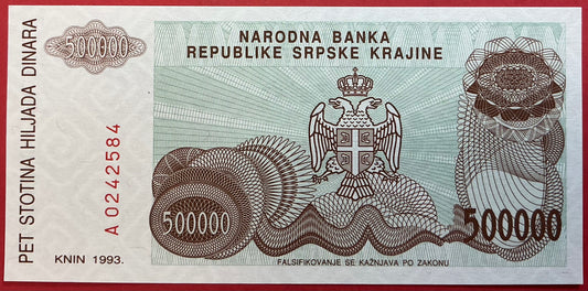Croatia/Serbian Krajina - 500.000 Dinara 1993 P#R23a Kvalitet 0