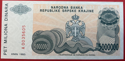 Croatia/Serbian Krajina - 5.000.000 Dinara 1993 P#R24a Kvalitet 0
