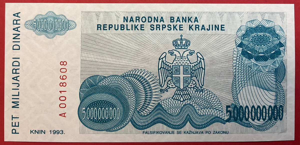 Croatia/Serbian Krajina - 5.000.000.000 Dinara 1993 P#R27a Kvalitet 0
